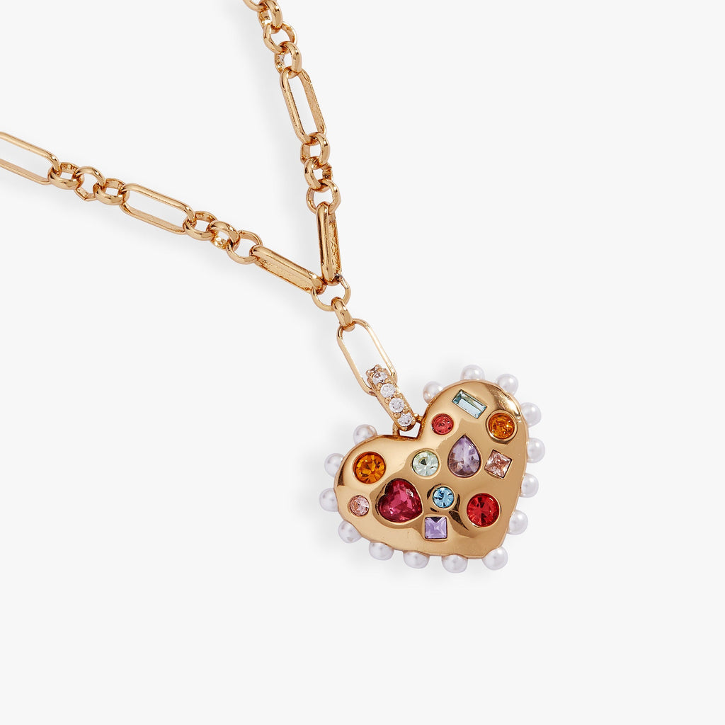 Puffy Heart Gemstone And Pearl Pendant Necklace